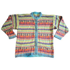 Colorful Alpaca Patterned Cardigan Sweater S Grandma Core Boho Cottage Rainbow